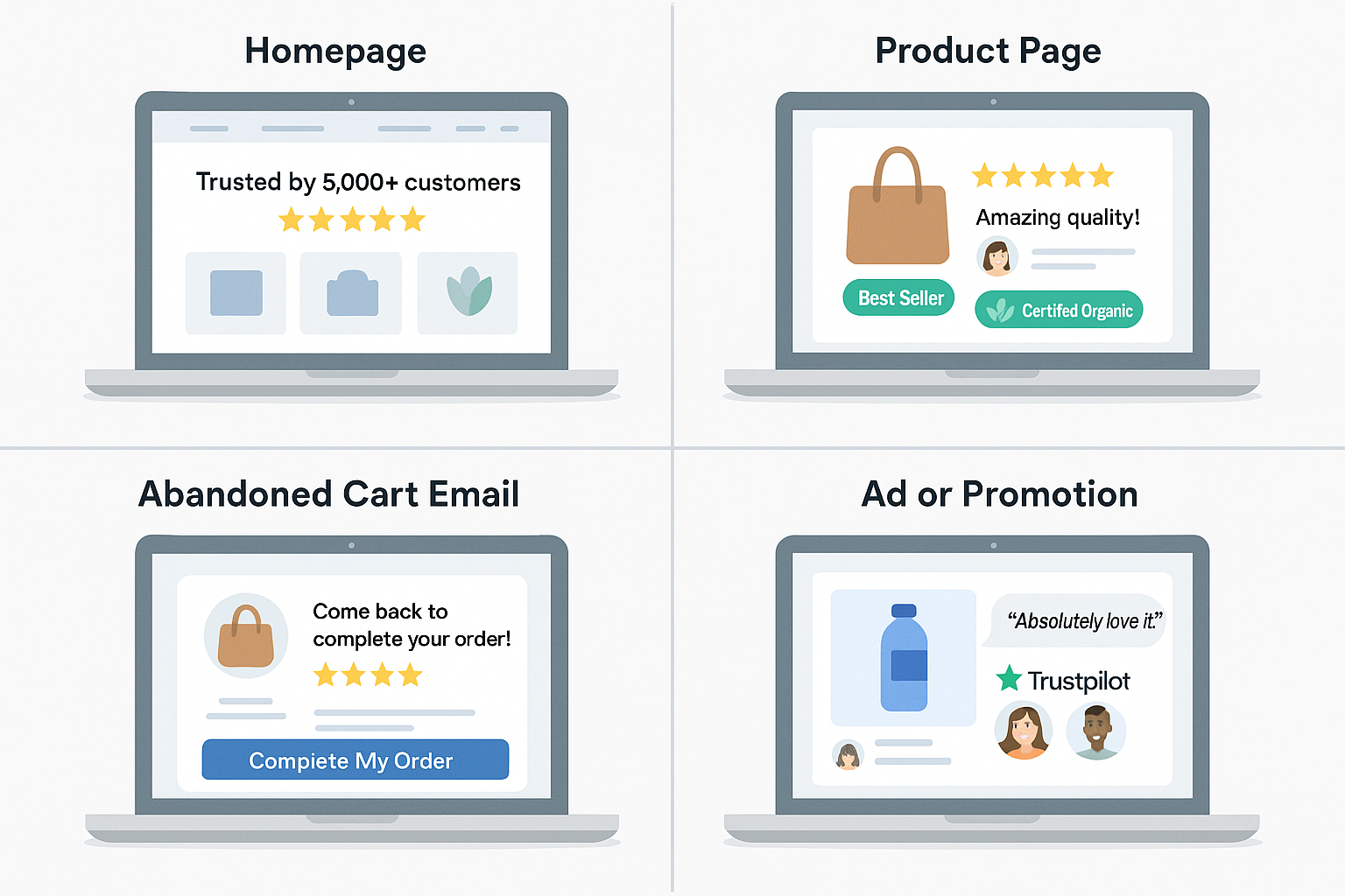 Four-panel infographic showing laptops labelled Homepage, Product Page, Abandoned Cart Email, and Ad or Promotion, each displaying examples of social proof like ratings, reviews, badges, and trust messages in ecommerce.