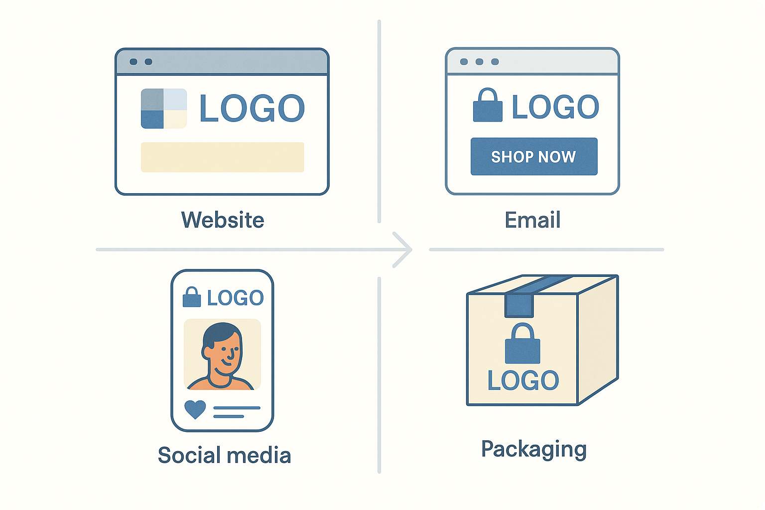A flat-style digital illustration arranged in a 2x2 grid showing four ecommerce brand touchpoints: a website, social media post, marketing email, and packaging. Each segment uses the same brand colours, fonts, and logo to illustrate consistency across platforms. Grey and ecommerce-blue tones create a clean, professional look, with connecting arrows highlighting alignment and cohesion across the customer journey.