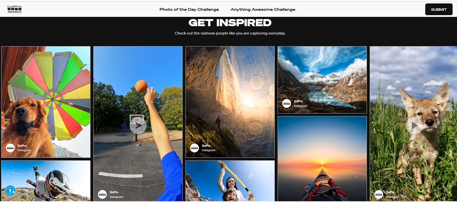"Screenshot of GoPro’s UGC inspiration gallery featuring a grid of user-submitted photos and videos, including adventure scenes, landscapes, and pets, under the heading 'GET INSPIRED' with hashtags like #GoPro and #GoProAwards."