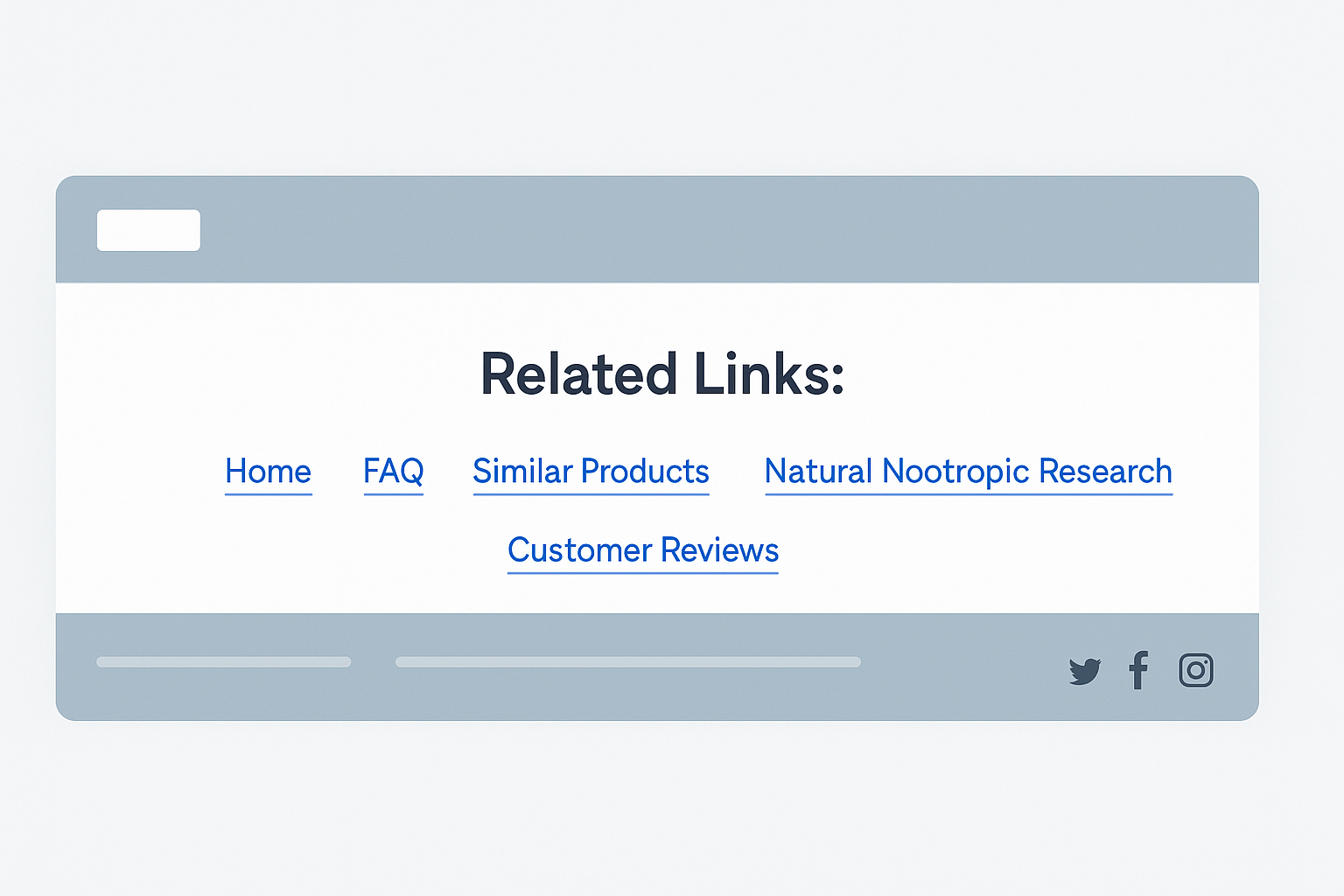 Illustration of a website footer with a light grey background, featuring the heading “Related Links:” and five blue underlined links: Home, FAQ, Similar Products, Natural Nootropic Research, and Customer Reviews. Social media icons appear on the right.