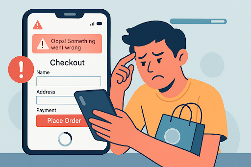 Frustrated shopper encountering a mobile checkout error that prevents completing the order.