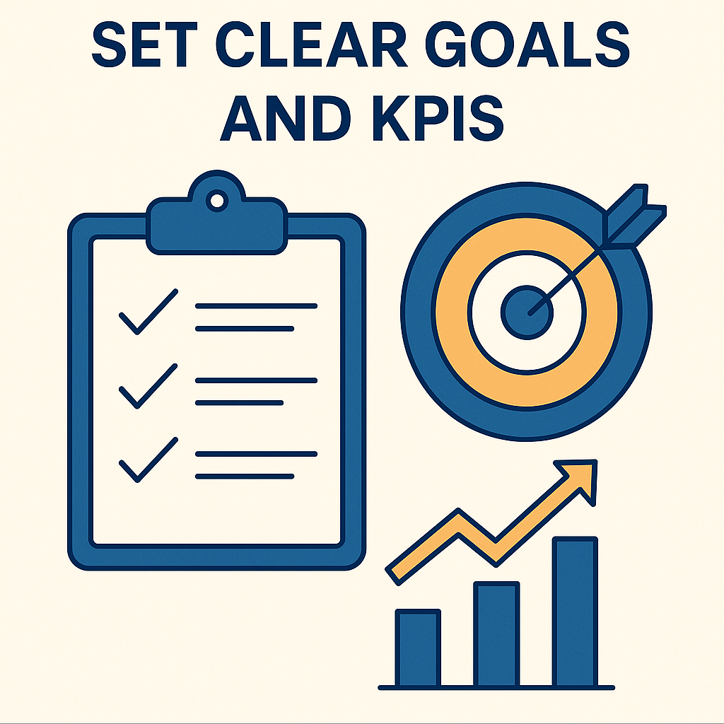 Illustration titled “Set Clear Goals and KPIs,” featuring a clipboard with checkmarks, a target with an arrow in the bullseye, and a bar chart with an upward arrow representing goal tracking and performance metrics.