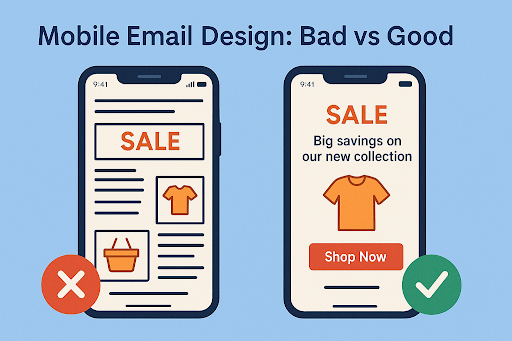 Comparison of mobile email design: On the left, a poorly designed email with a cluttered layout and unappealing call-to-action; on the right, a well-designed email featuring a clear 'SALE' message, appealing visuals, and a prominent 'Shop Now' button.