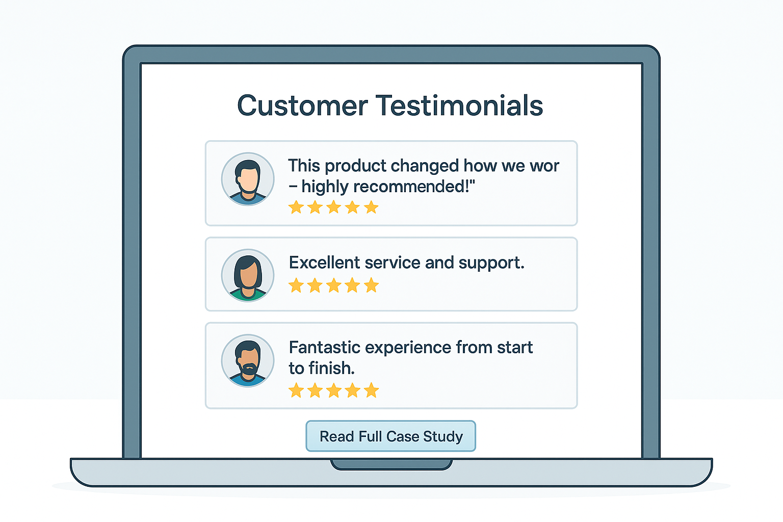 Illustration of a customer testimonials webpage with three review cards, each showing a profile image, quote, star rating, and a “Read Full Case Study” button.