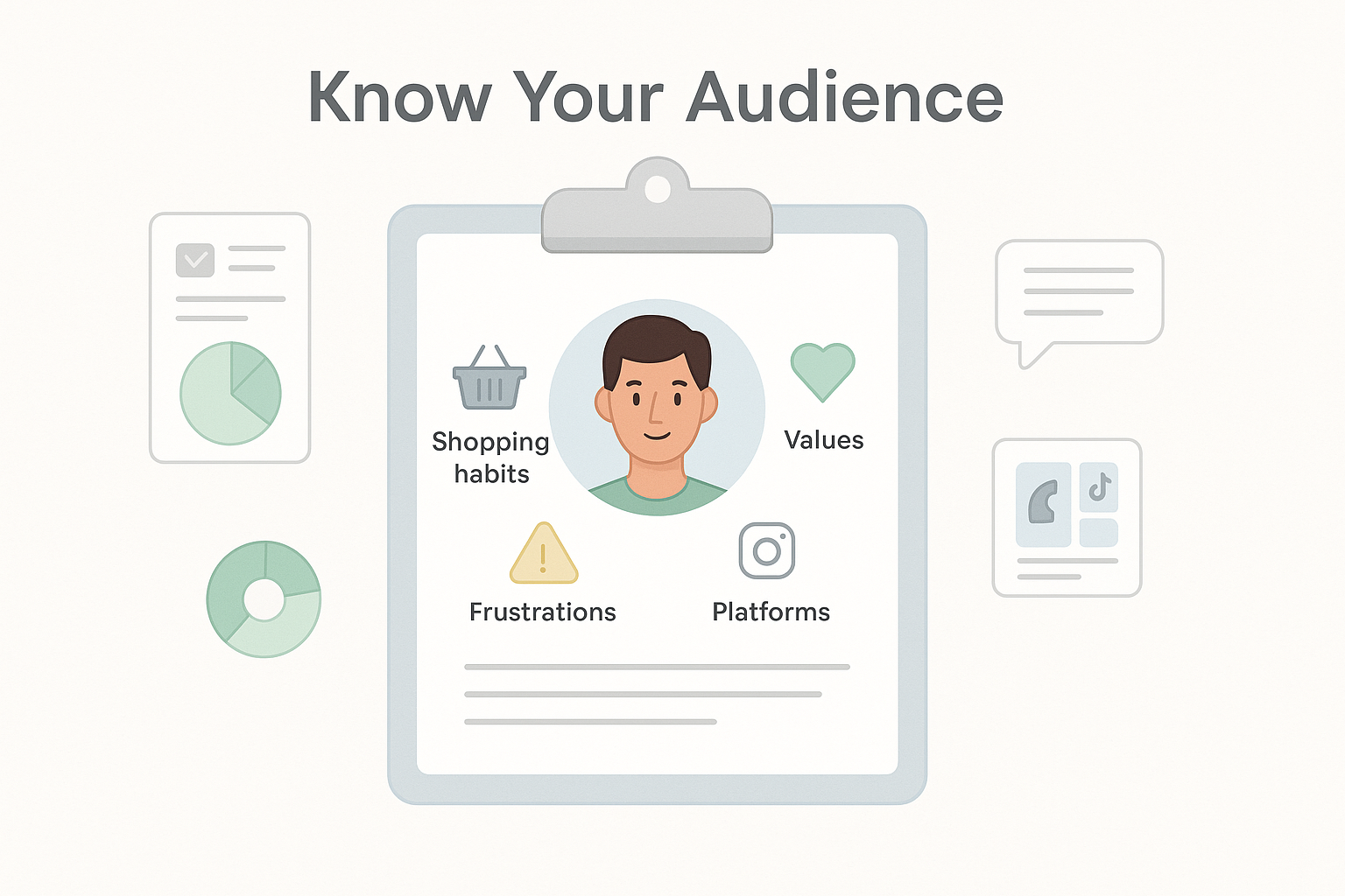 Flat-style digital illustration of a user persona profile showing a character in the centre surrounded by labelled traits: “Shopping Habits,” “Values,” “Frustrations,” and “Favourite Platforms.” Additional icons include a pie chart, survey form, and feedback bubble to represent customer research. Clean white background with soft green and blue ecommerce tones.