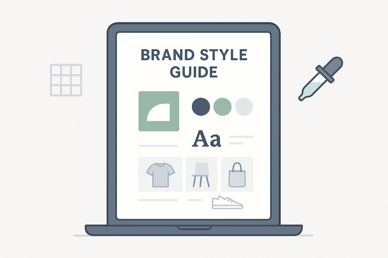 Flat-style digital illustration of a brand style guide displayed on a laptop screen. The guide includes a logo, three-colour swatch, font preview, and product images. Surrounding the laptop are design elements like a dropper tool and layout grid, representing branding precision. Clean, modern design in ecommerce-friendly tones.