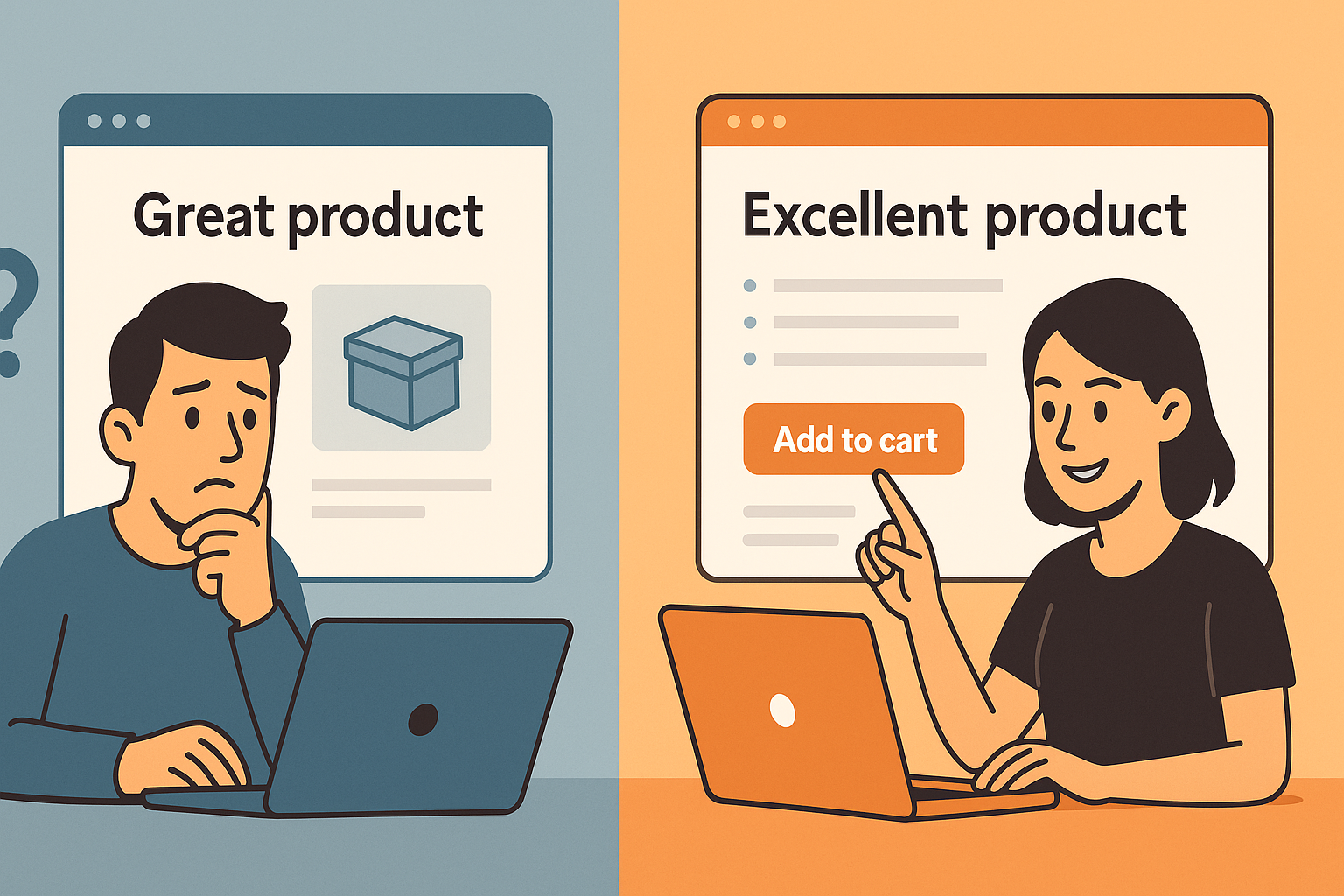 Split-screen illustration comparing two ecommerce shoppers — on the left, a confused man browses a vague product page titled “Great product,” while on the right, a confident woman shops a detailed page labeled “Excellent product” with bullet points and an “Add to cart” button.