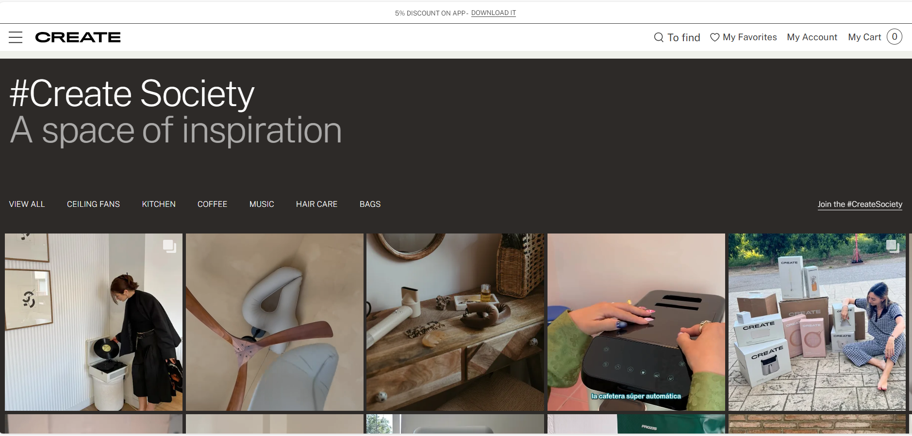 "Screenshot of CREATE’s #CreateSociety page featuring user-generated unboxing videos and product demos, with a dark header that reads 'A space of inspiration' and a grid of customer content showing real appliances in use."