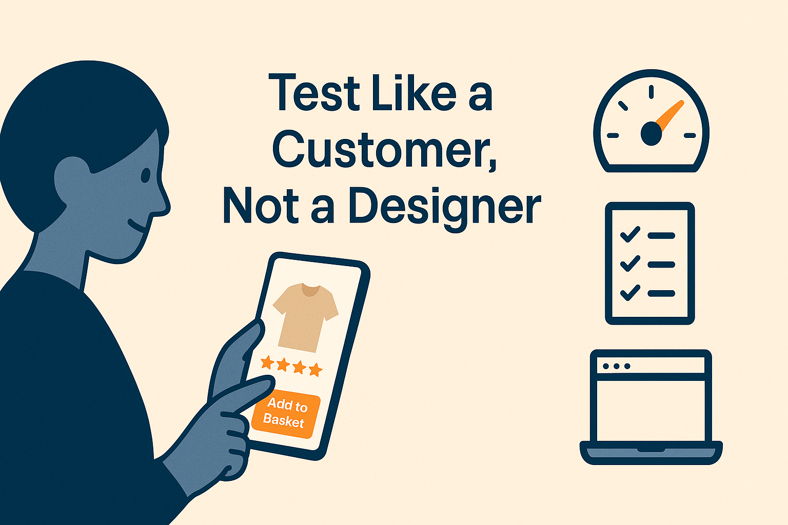 "Flat-style digital illustration titled 'Test Like a Customer, Not a Designer,' showing a person using a smartphone with a product page, alongside icons for speed testing, a checklist, and a laptop to represent real-world landing page testing."