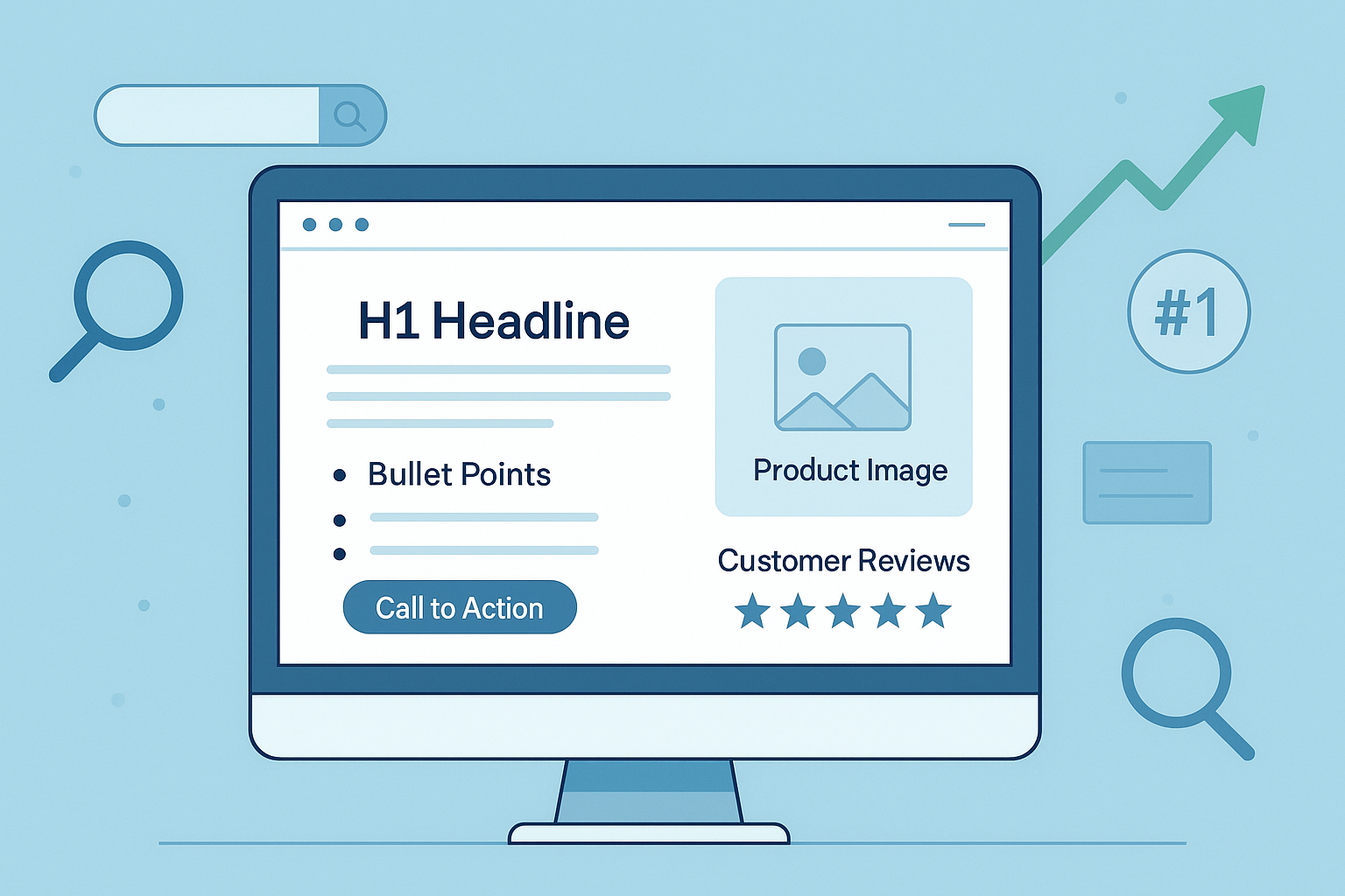 Illustration of a computer monitor displaying a labelled ecommerce landing page layout with sections for H1 headline, bullet points, product image, customer reviews, and call-to-action, surrounded by SEO icons like a search bar, magnifying glass, and upward-trending arrow.
