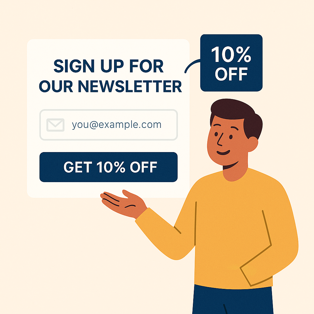 Illustration of a smiling person in a yellow top pointing to a newsletter signup form offering 10% off, with a text box showing an email input field and a button labeled “Get 10% Off.”