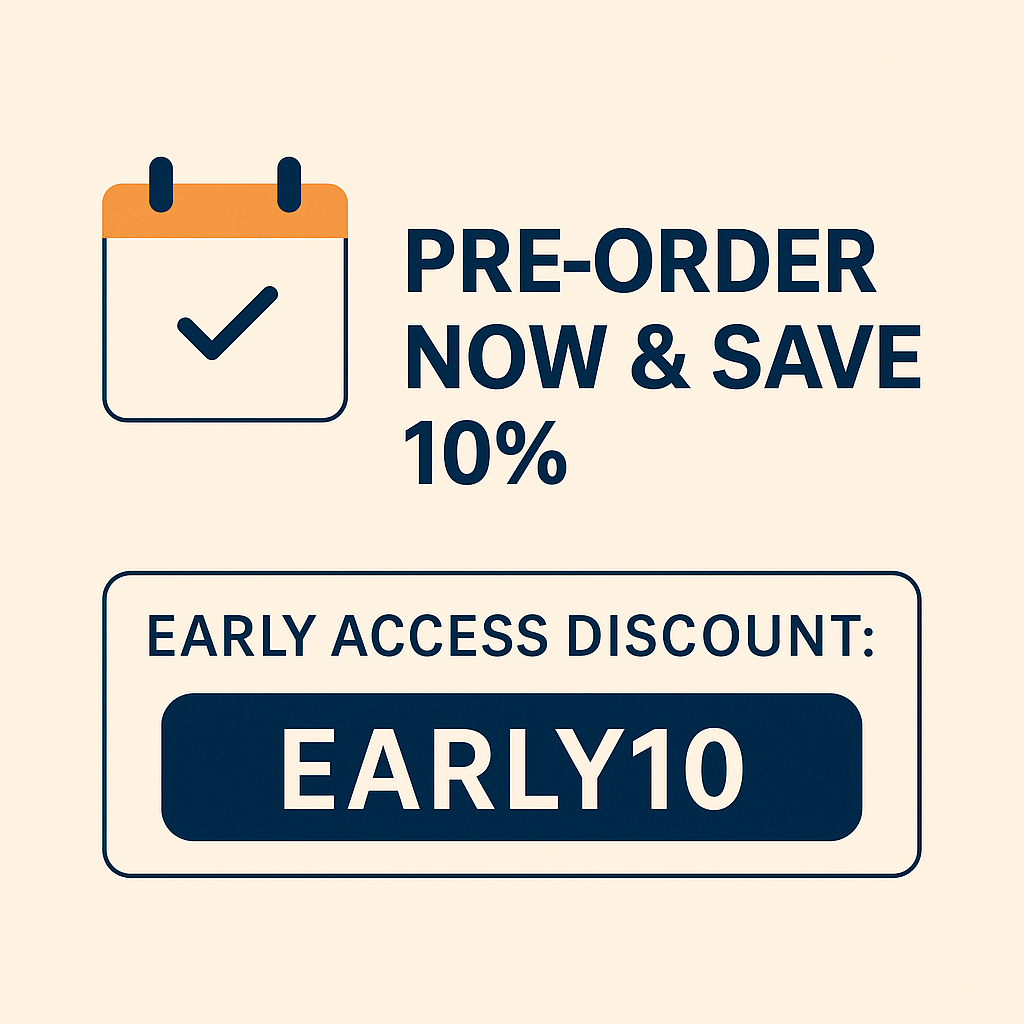 Illustration of a calendar with a checkmark and the text “Pre-order now & save 10%,” promoting early access with a discount code “EARLY10.”
