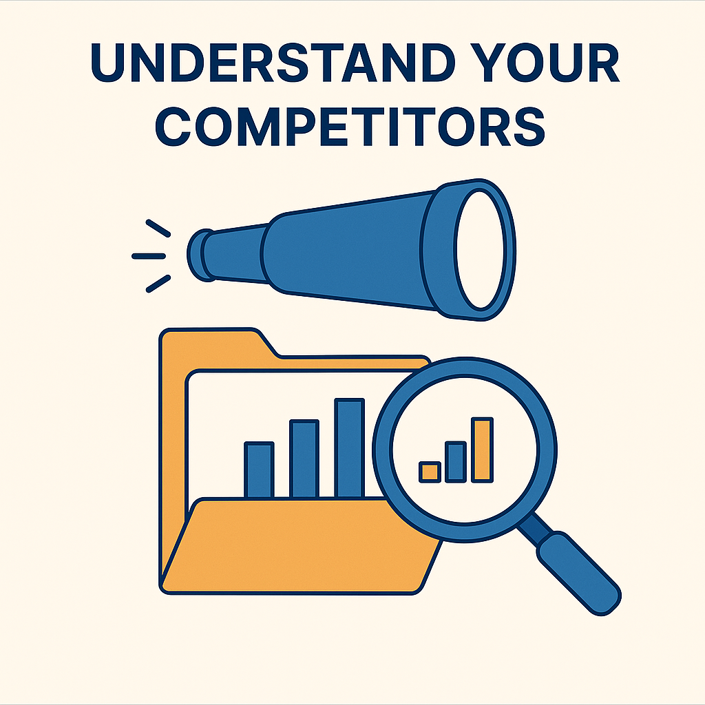 Illustration titled “Understand Your Competitors,” featuring a telescope, a folder with bar charts, and a magnifying glass highlighting competitive analysis data.