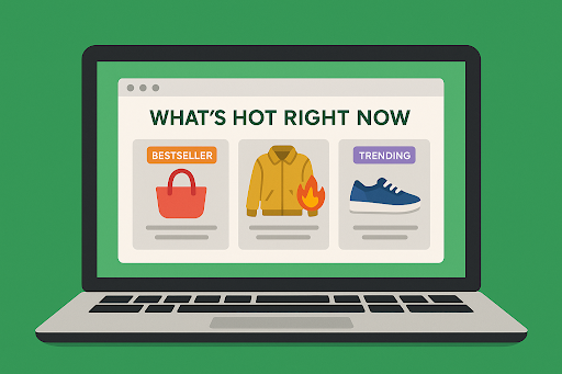 Laptop displaying a website with a "What's Hot Right Now" section featuring products labeled as "Bestseller," "Trending," and a jacket marked with flames to indicate popularity.