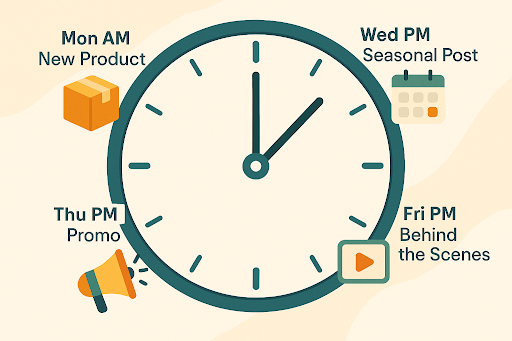 Illustration of a clock with content posting schedule. Monday AM: New Product, Wednesday PM: Seasonal Post, Thursday PM: Promo, Friday PM: Behind the Scenes, with associated icons like a box, calendar, loudspeaker, and play button.