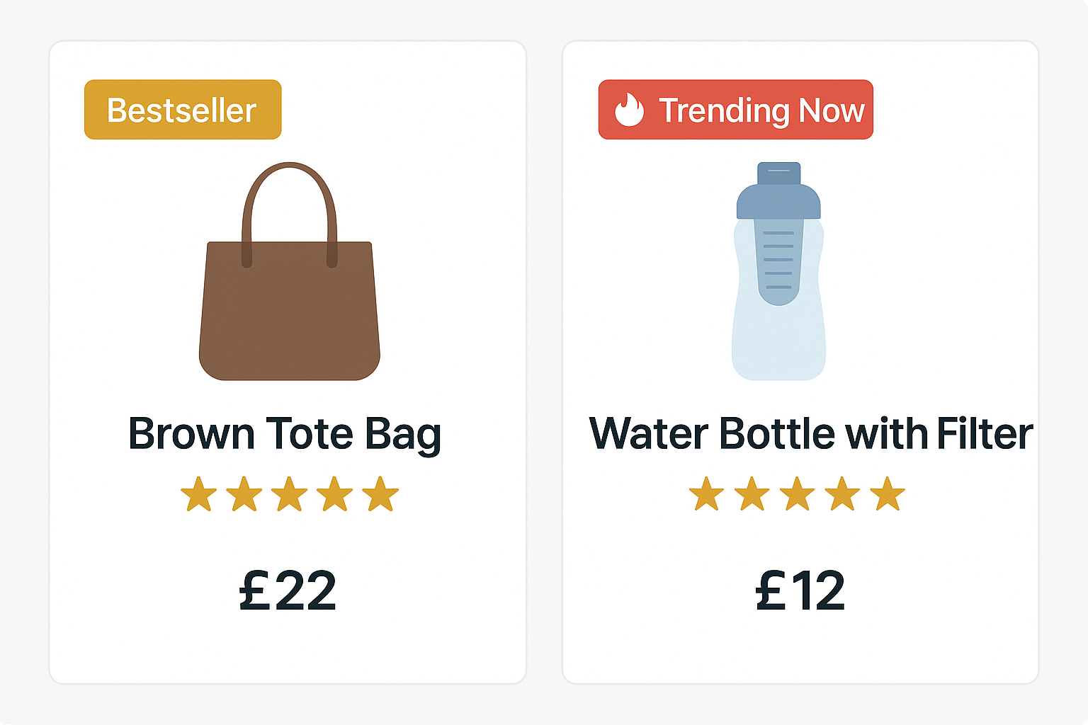 Illustration of two ecommerce product cards: a brown tote bag priced at £22 labeled “Bestseller,” and a water bottle with filter priced at £12 labeled “Trending Now,” both with five-star ratings.