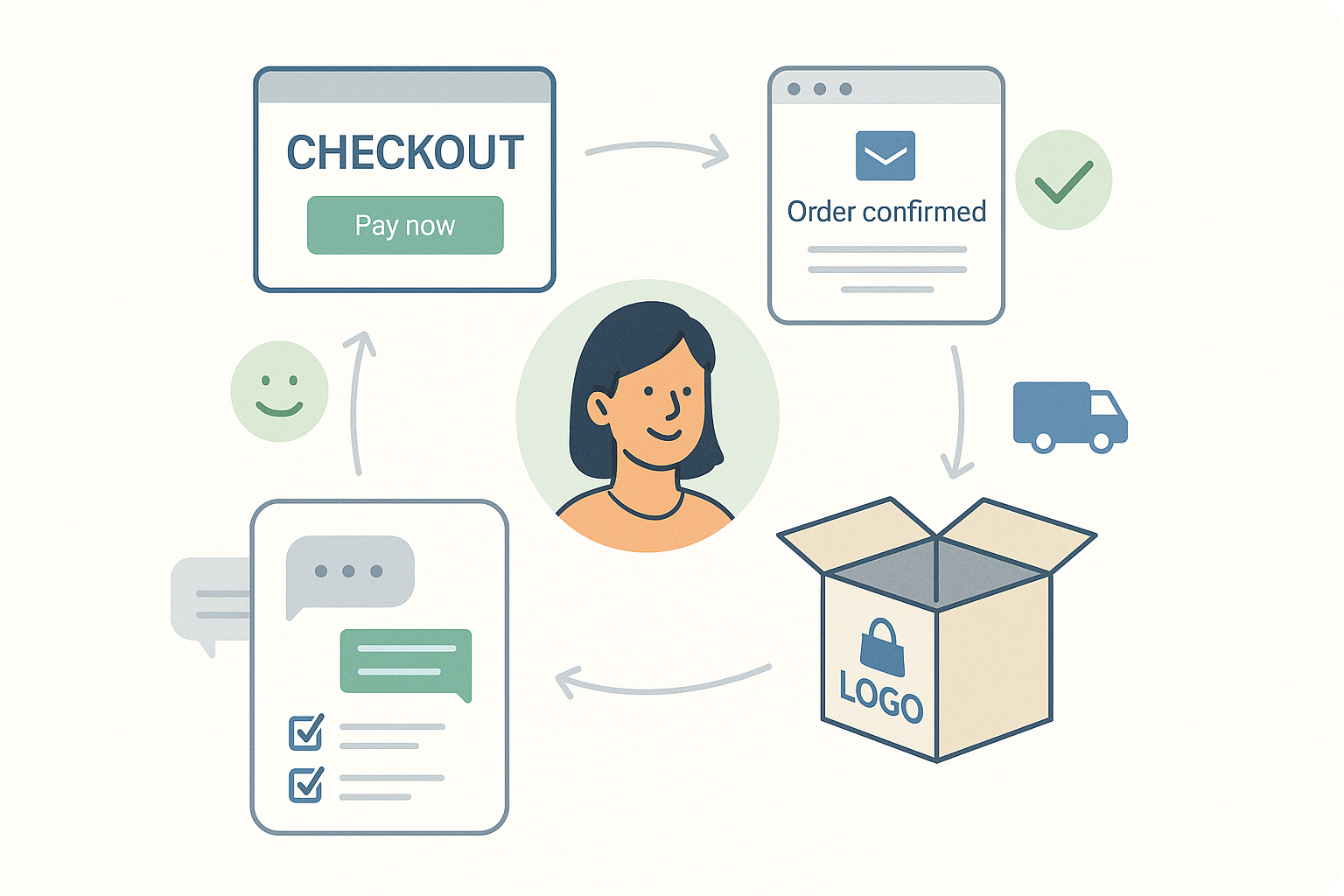A flat-style digital illustration showing a central customer figure surrounded by four ecommerce touchpoints: a smooth checkout screen, a friendly order confirmation email, a helpful support chat bubble, and an open delivery box with branded packaging. Icons like a smiley face, checklist, and delivery van represent positive customer experience. Clean layout with light background and green/blue highlights.