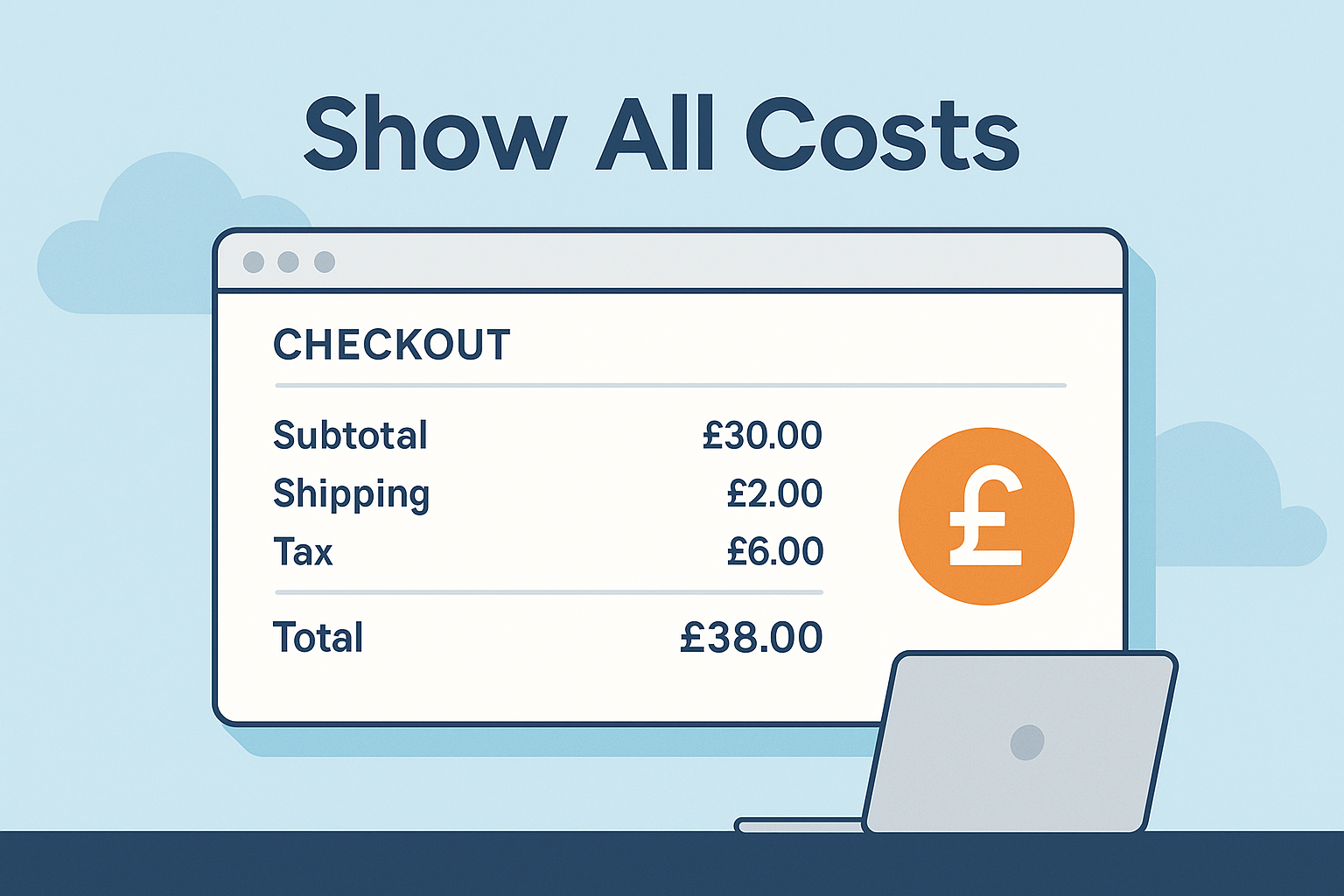 Illustration of a checkout screen clearly showing subtotal £30, shipping £2, tax £6, and total £38, under the heading ‘Show All Costs’ — representing transparency in online pricing.