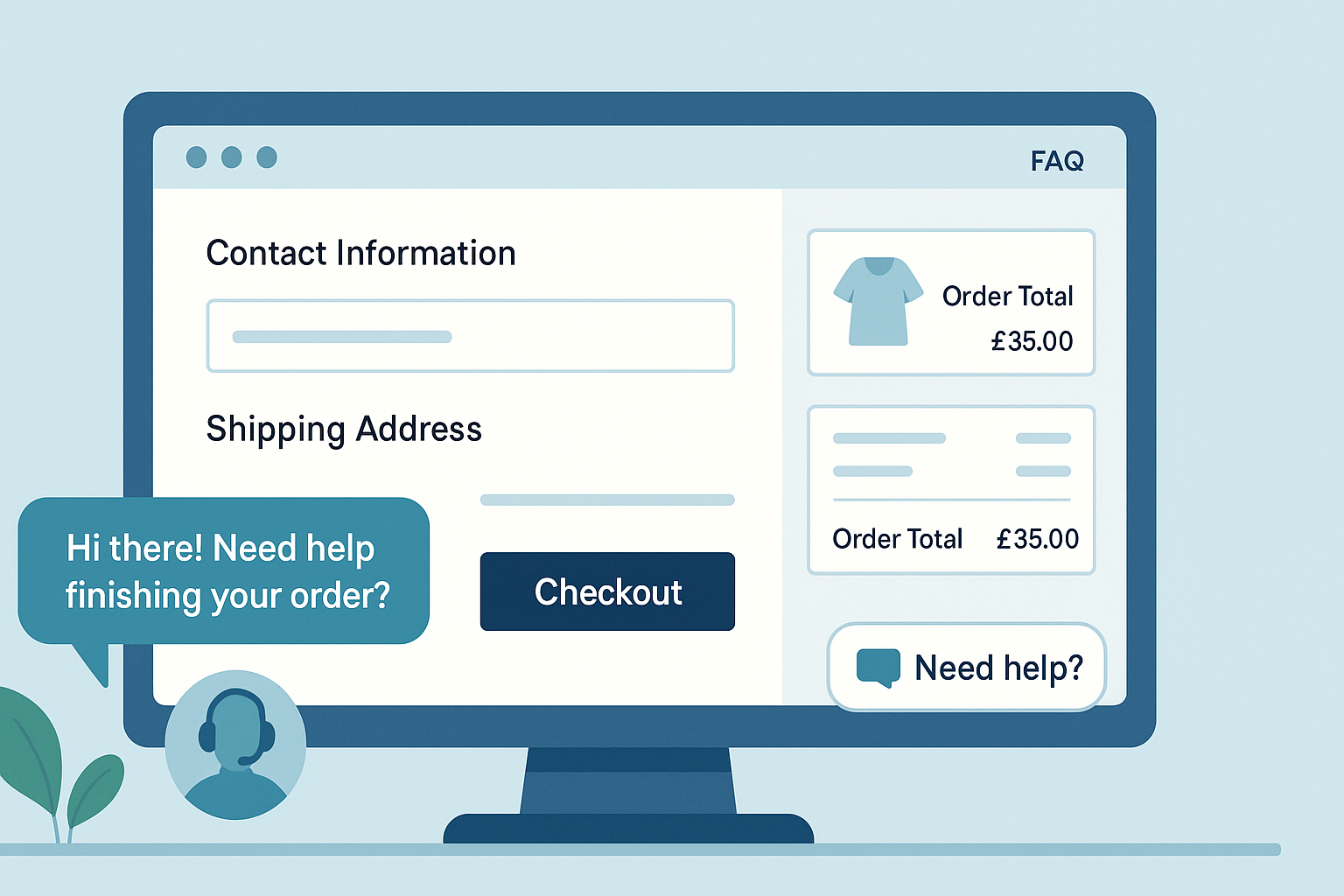 Illustration of an ecommerce checkout page with a visible ‘Need help?’ button, a live chat speech bubble saying ‘Hi there! Need help finishing your order?’, and a prominent FAQ link — providing real-time customer support during checkout.