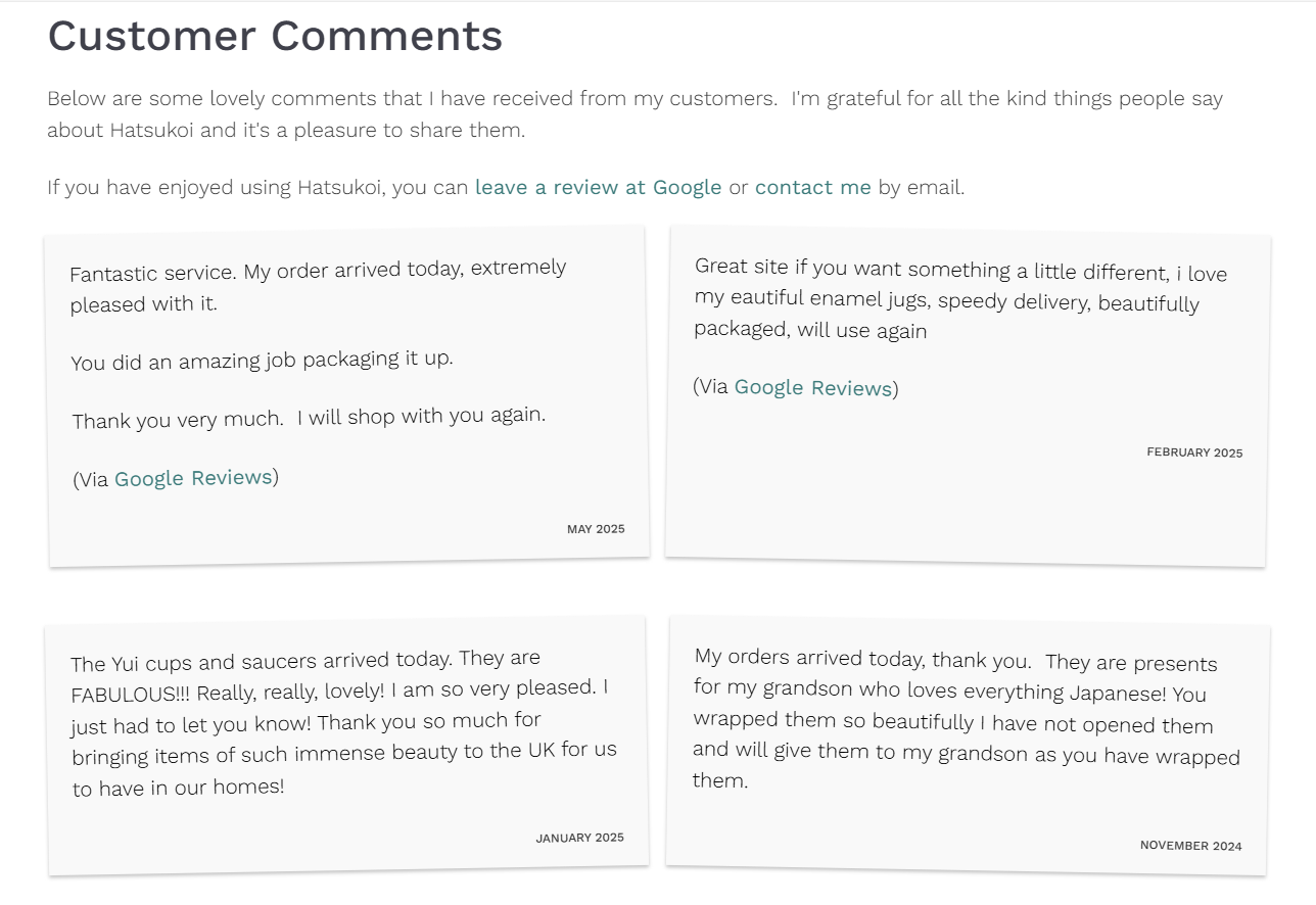 "Screenshot of Hatsukoi’s testimonials page displaying four customer comments praising product quality, packaging, and delivery, styled like personal thank-you notes."