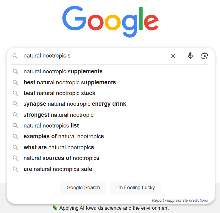 google search bar auto-suggestions for 'natural nootropic supplements'