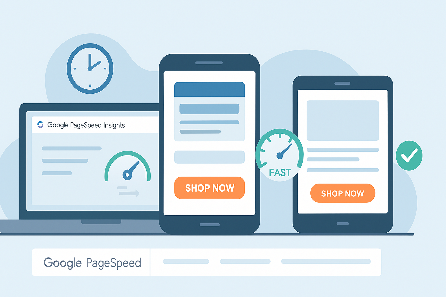Illustration of a responsive landing page displayed on a desktop, tablet, and smartphone, with a speedometer icon showing fast performance and a clean mobile layout featuring a clear call-to-action button.