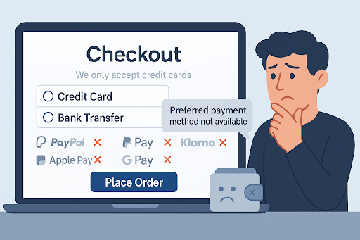 Shopper unsure about placing order due to unavailable preferred payment options at checkout.