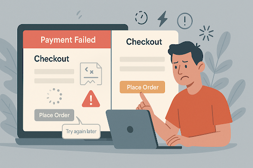 Frustrated customer experiencing a failed payment at checkout, increasing the risk of cart abandonment.