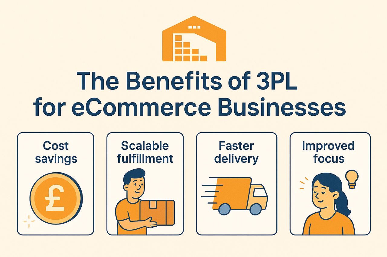 The benefits of 3PL for ecommerce businesses, including cost savings, scalable fulfilment, faster delivery, and improved focus, illustrated with simple icons.
