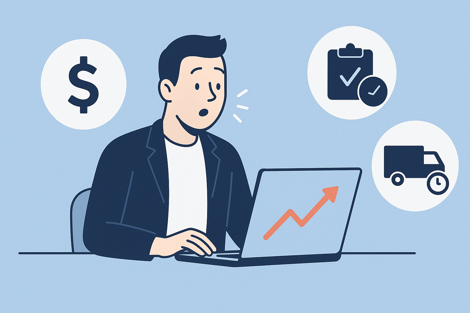 Flat illustration of a UK retailer at a laptop with a surprised expression, surrounded by icons for duty (dollar sign), clearance fees (clipboard with tick), and delivery delays (truck with clock), representing higher costs and operational challenges.