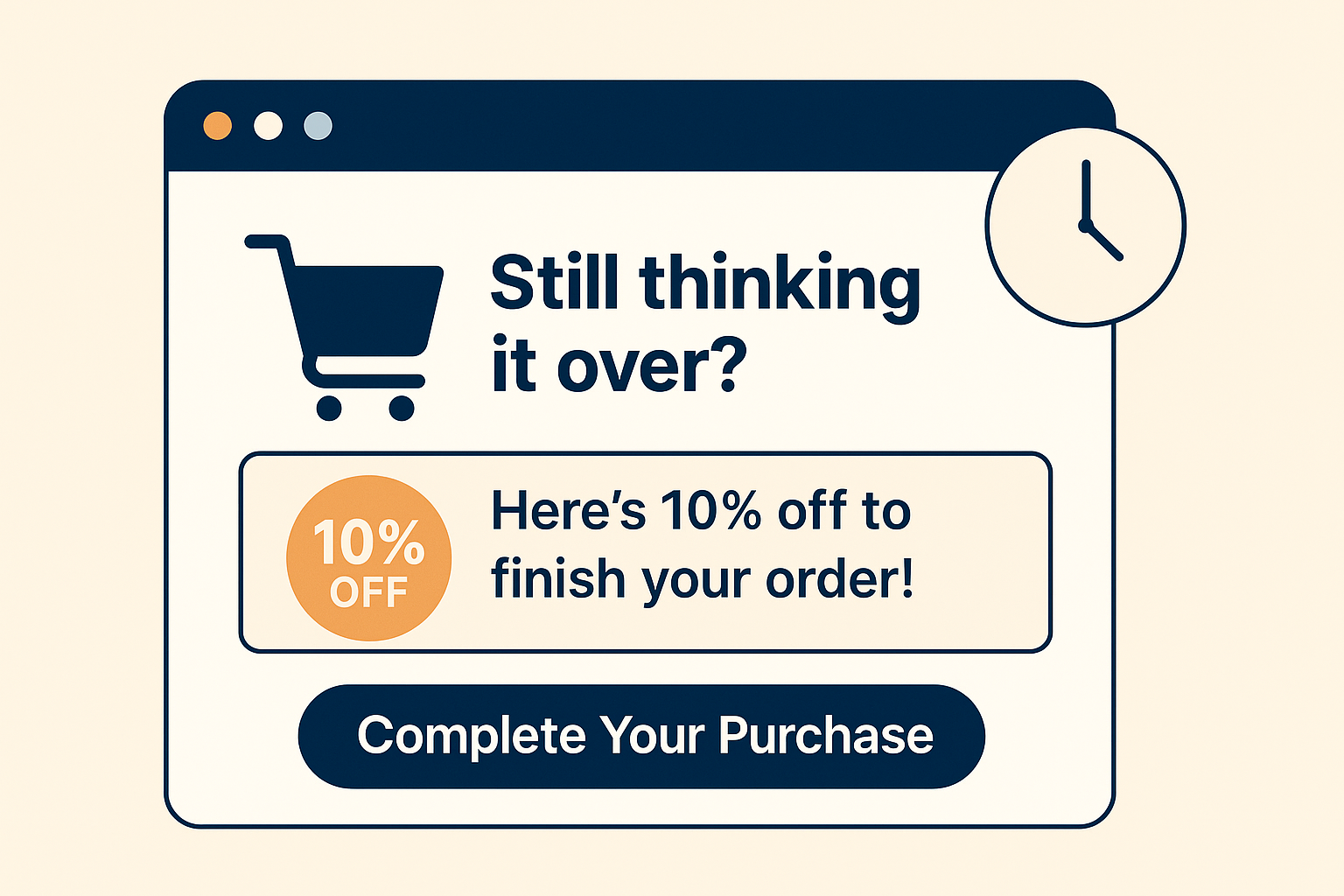 Abandoned cart pop-up design featuring a shopping cart icon, the message “Still thinking it over?” and a 10% off offer to complete the purchase, with a clock icon suggesting urgency and a button labeled “Complete Your Purchase.”