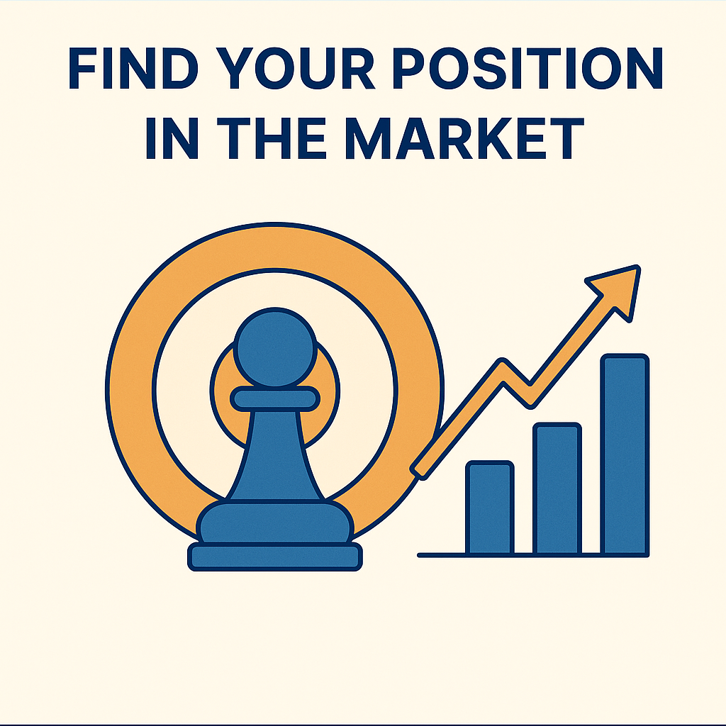 Illustration titled “Find Your Position in the Market,” showing a chess pawn in front of a target symbol, alongside a rising bar chart with an upward arrow representing growth and positioning strategy.