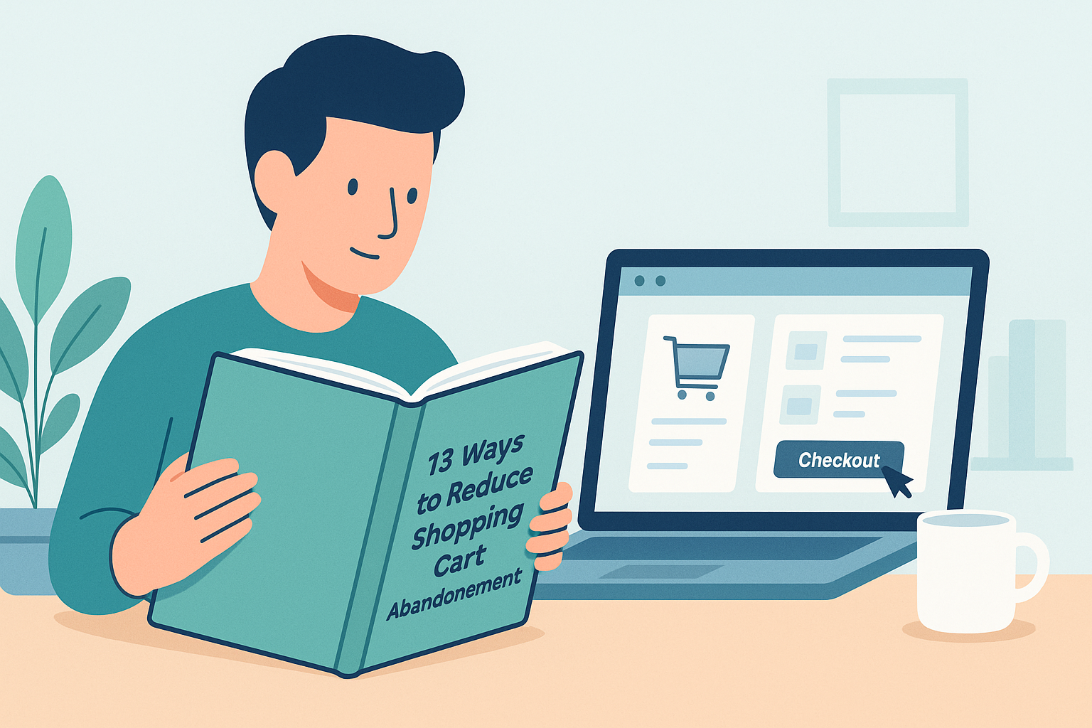 Illustration of a person sitting at a desk reading a book titled ‘13 Ways to Reduce Shopping Cart Abandonment,’ with a laptop showing a shopping cart page beside them, symbolising learning solutions to reduce cart abandonment.