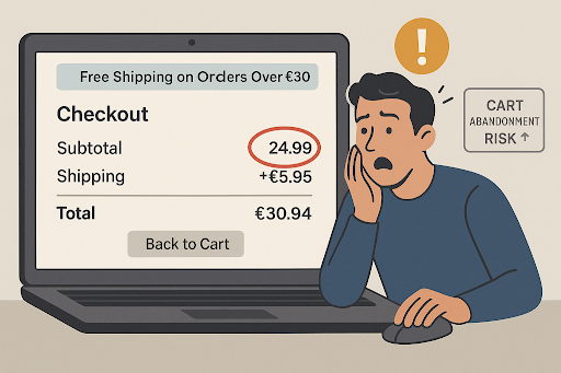 Worried shopper reacting to unexpected shipping fees during checkout, highlighting risk of cart abandonment.