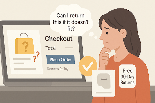 Concerned shopper unsure about return policy during checkout, highlighting need for clear return information.