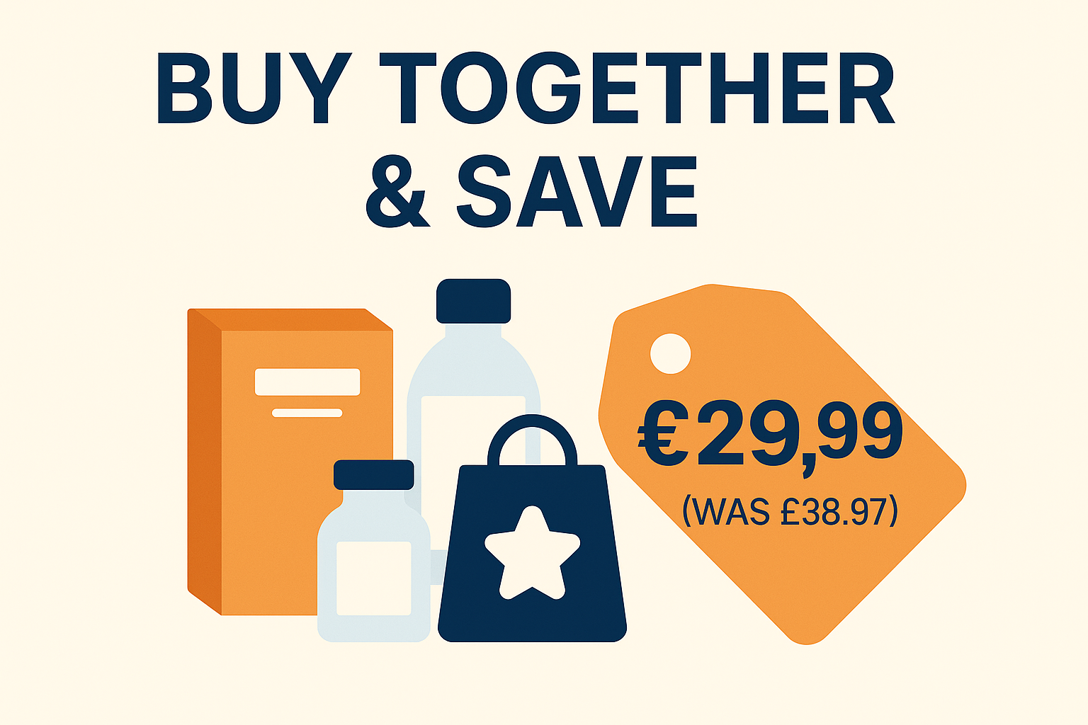 Illustration promoting a bundle deal with the text “Buy Together & Save,” showing grouped product icons including bottles, a box, and a shopping bag, alongside a price tag displaying €29.99 (was £38.97).
