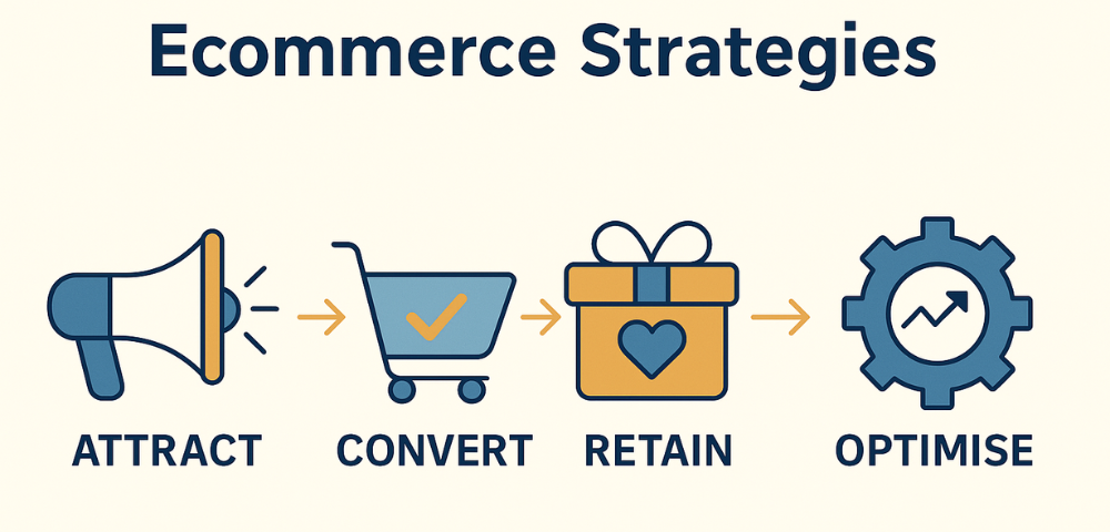 Visual flowchart titled “Ecommerce Strategies” showing four key stages with icons: a megaphone for “Attract,” a shopping cart for “Convert,” a gift box for “Retain,” and a cogwheel with an upward graph for “Optimise.”