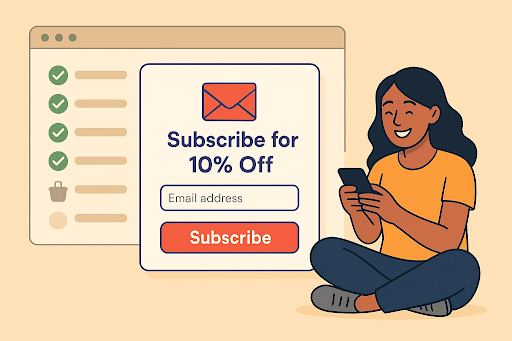 Illustration of a woman sitting on the floor holding a phone, with a pop-up subscription form on a website offering a 10% discount for signing up with an email address.