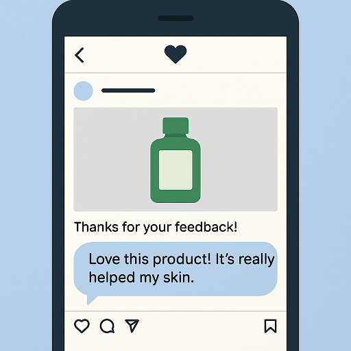 Illustration of a smartphone showing an Instagram post with a heart icon, featuring a bottle product image and a customer comment that says, 'Love this product! It’s really helped my skin.' The post also includes a 'Thanks for your feedback!' message.