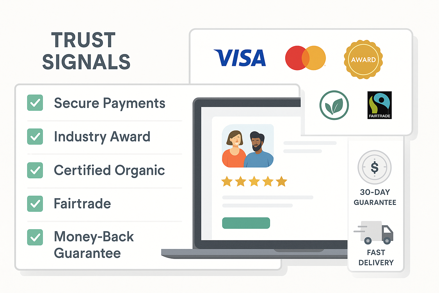 Infographic titled “Trust Signals” with a checklist of six credibility markers, including secure payments, awards, certifications, money-back guarantees, and delivery icons, displayed alongside a clean ecommerce-style screen.