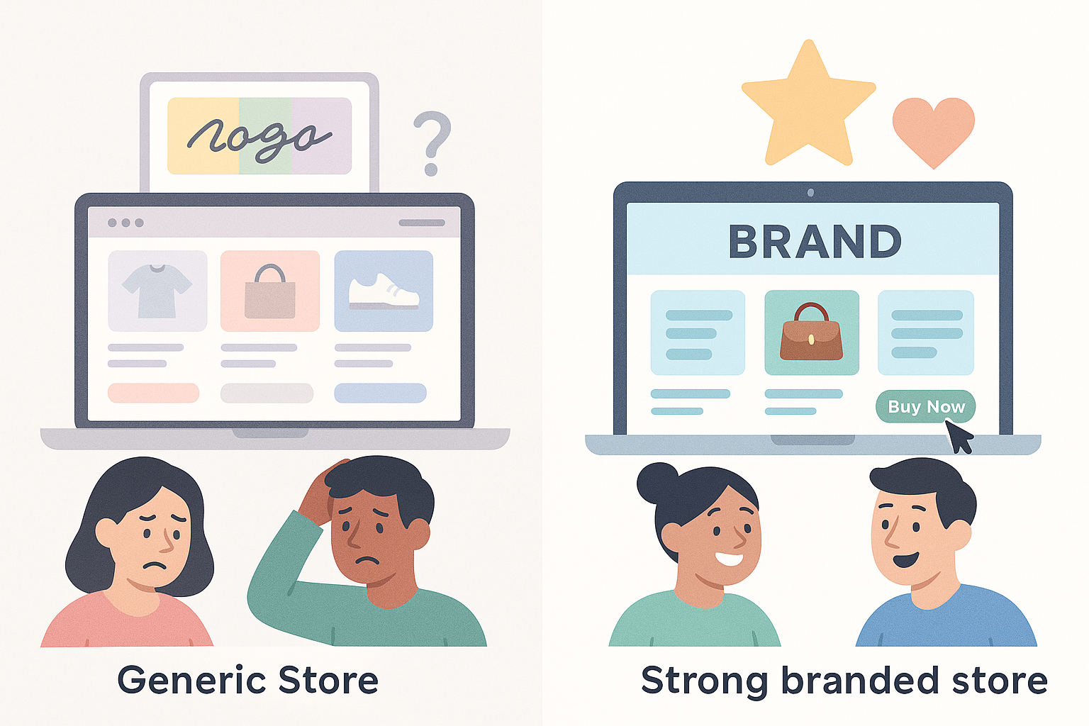 Flat illustration comparing two ecommerce stores side by side: one generic and inconsistent, the other branded and cohesive, with customers responding accordingly.