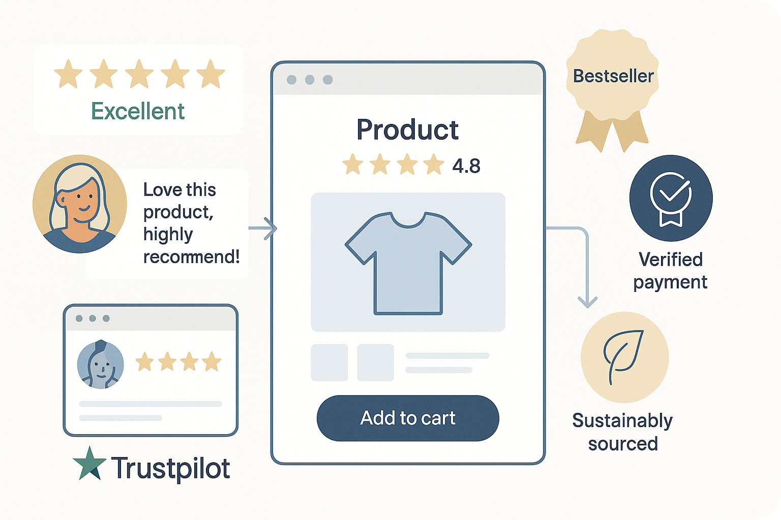 Flat-style digital illustration of a product page surrounded by social proof elements, including five-star reviews, customer testimonials, a “Bestseller” badge, verified payment and sustainability icons, and a Trustpilot badge, visually representing brand trust.