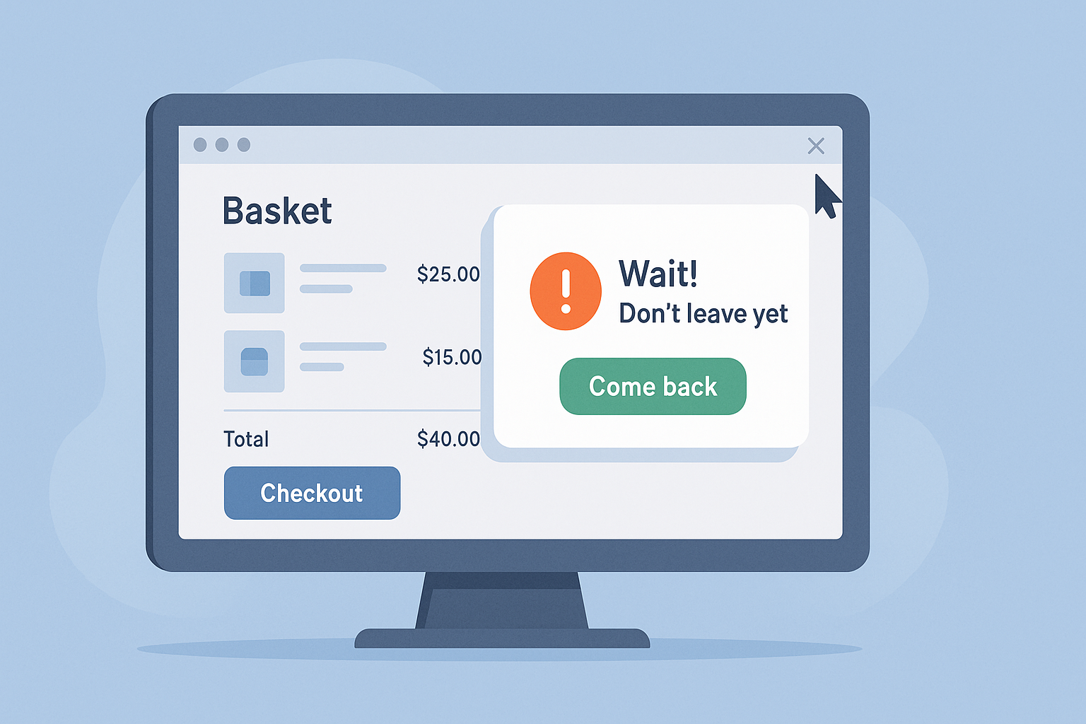 Illustration of an online shopping basket page with an exit-intent pop-up saying ‘Wait! Don’t leave yet’ and a ‘Come back’ button, symbolising cart abandonment prevention.