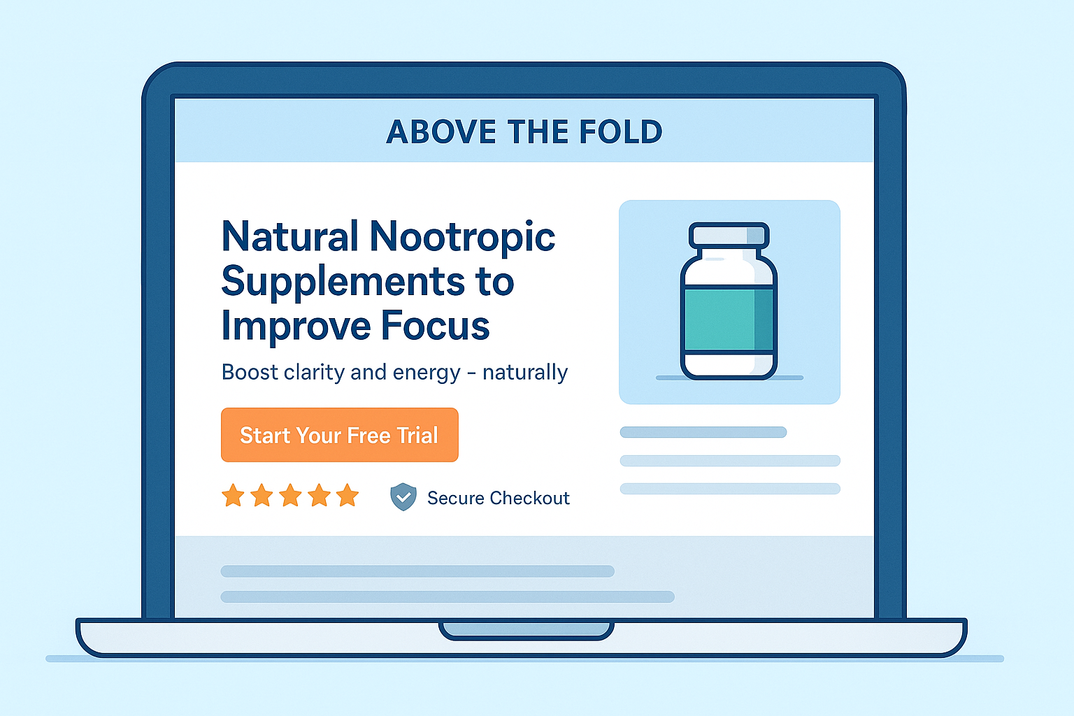 Illustration of a landing page's “Above the Fold” section on a laptop screen, featuring a bold headline, subheading, product image, orange call-to-action button, 5-star rating, and secure checkout badge, all visually highlighted to show the top visible portion before scrolling.