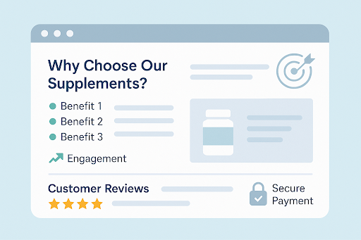 Example of a product landing page with benefits, reviews, and secure payment for SEO optimisation.