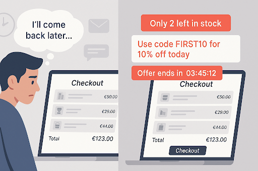 Split image showing a customer delaying checkout versus urgency messaging with low stock and countdown timer.