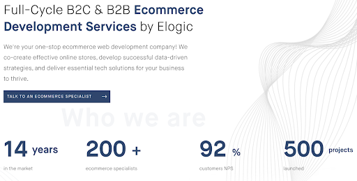 Elogic ecommerce development services promo highlighting B2C and B2B expertise and company performance stats