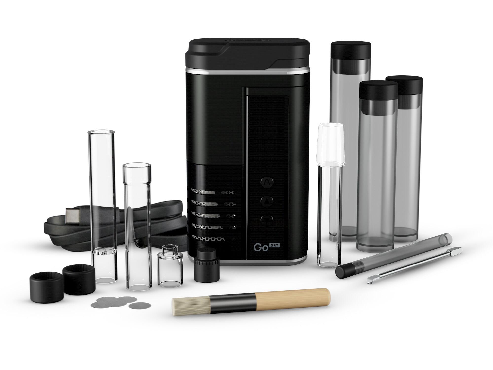 Arizer Go SRT vaporizer kit including glass tube, charger, case, and accessories
