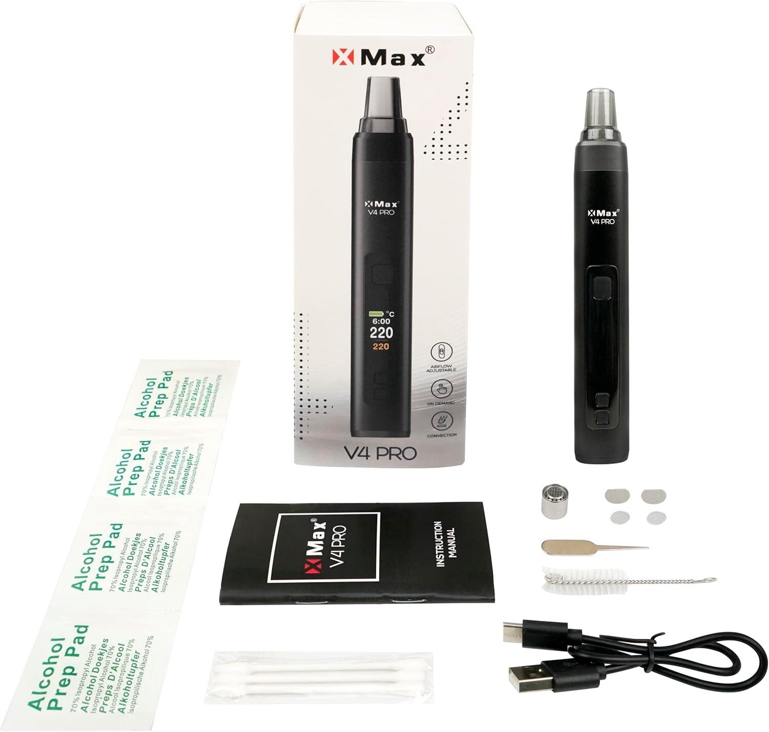 Full XMAX V4 Pro vaporizer kit including accessories and packaging