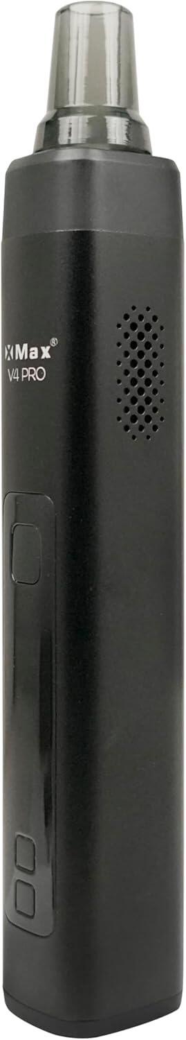 Side view of the XMAX V4 Pro dry herb vaporizer with mouthpiece attached